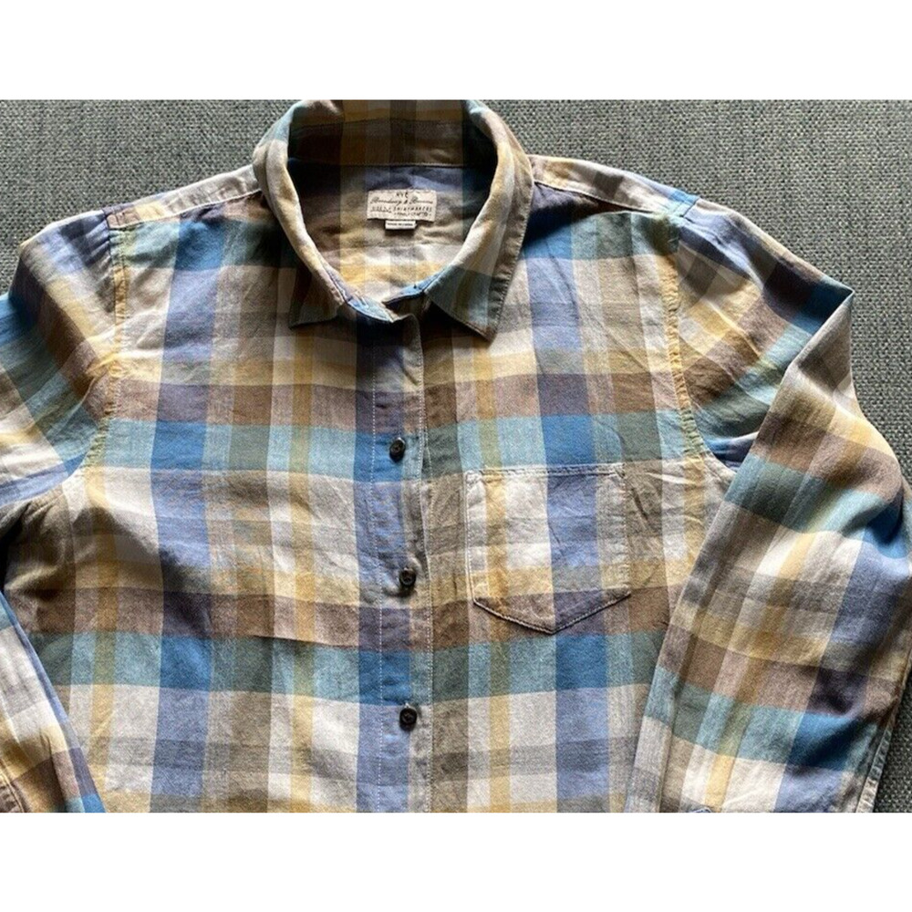 NYC Broadway & Broome Madwell Shirt Womens Sz M Blue Gold Check Plaid Button